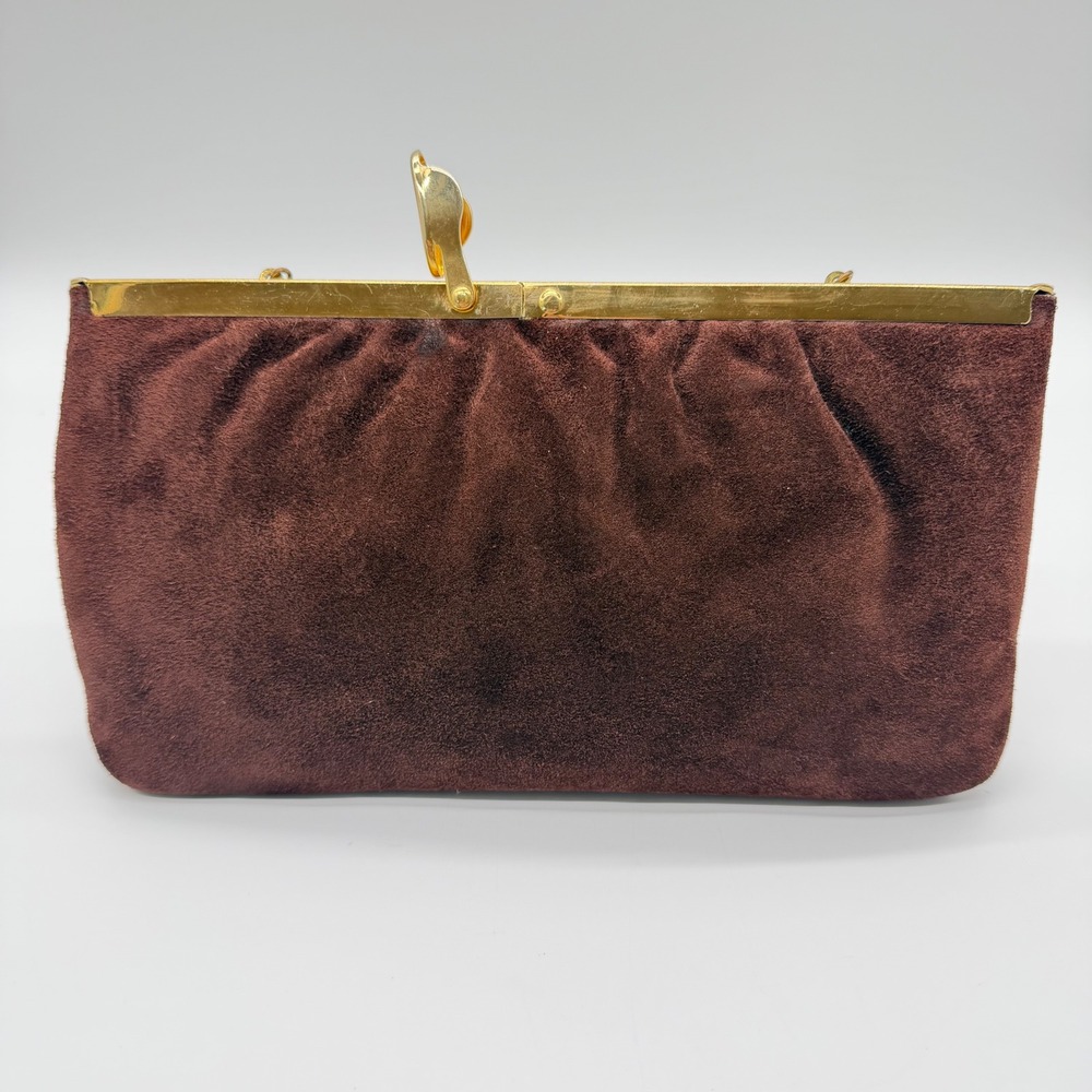 Vintage Harry Levine Handbag Suede & Chocolate Brown Suede Evening Clutch Gold - Picture 8 of 9